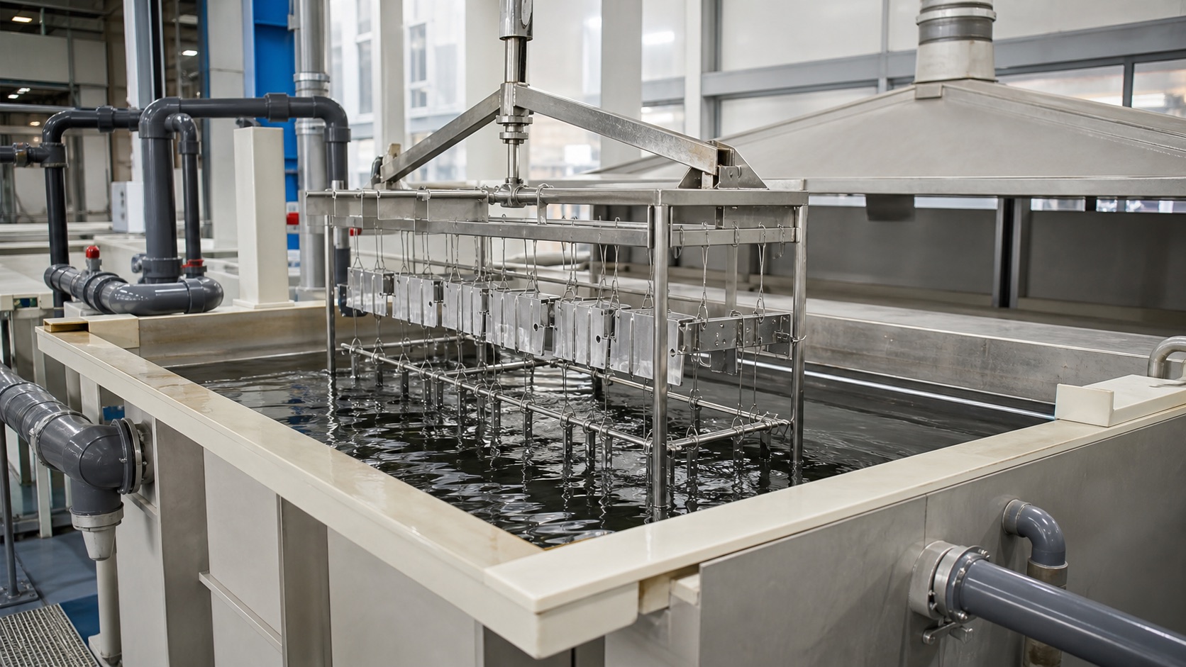 Bath electroplating dengan rak komponen logam dan sistem ekstraksi